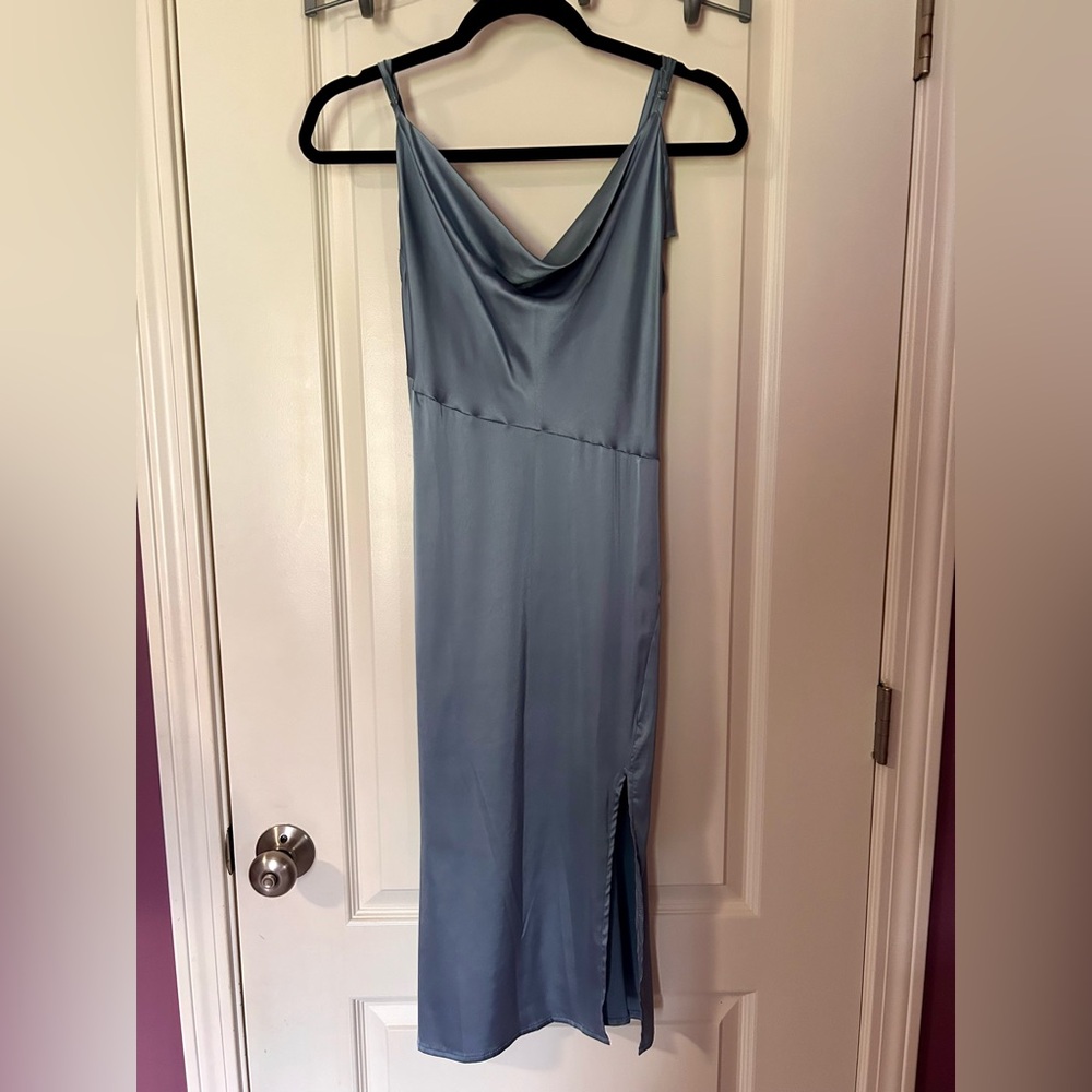 Women's Satin Drape Cowl Neck Sleeveless Split Slit Midi Dress